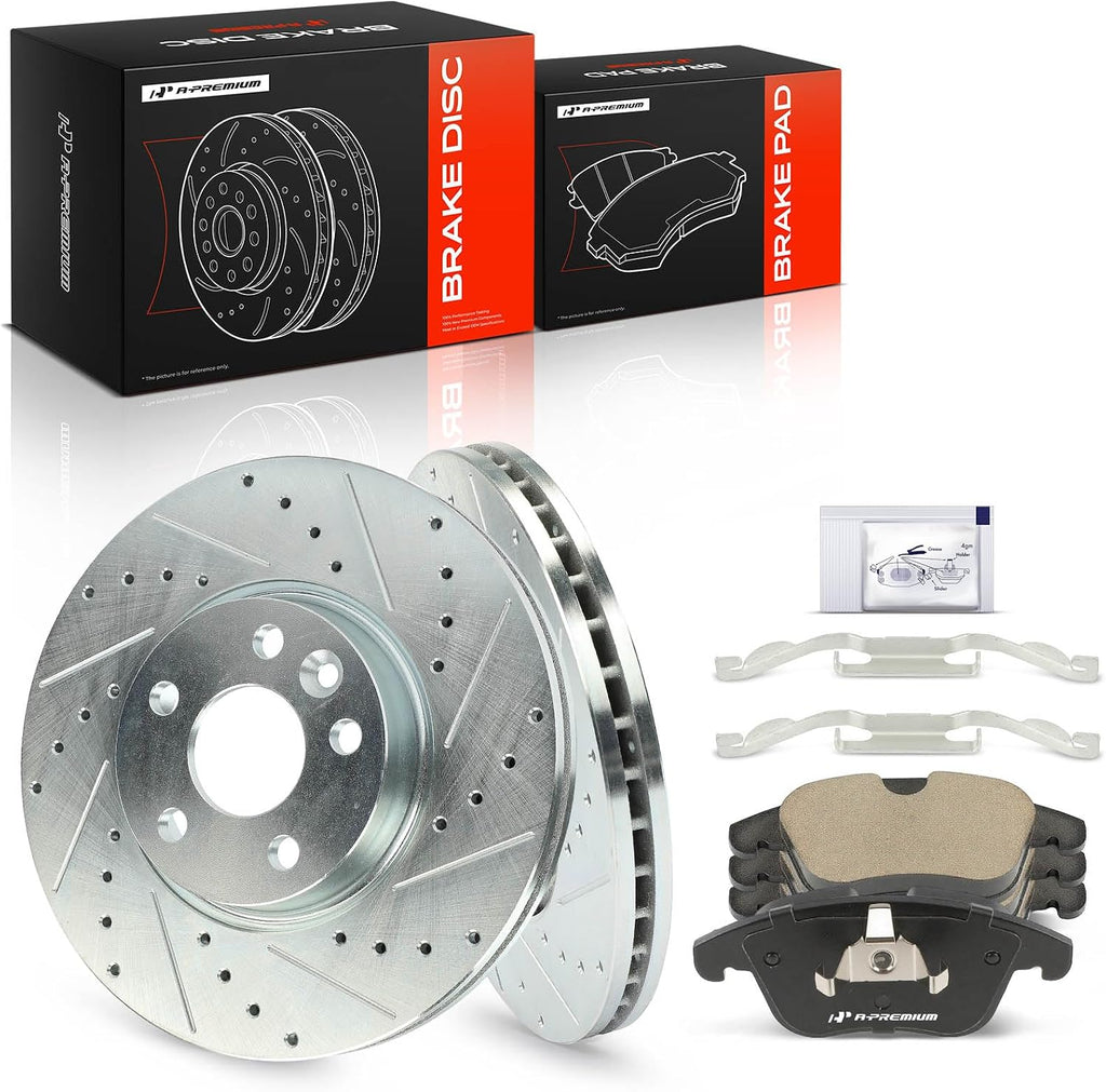 A-Premium 11.81 inch (300mm) Front Drilled and Slotted Disc Brake Rotors + Ceramic Pads Kit Compatible with Select Land Rover and Volvo Models - Range Rover Evoque, S60, XC70, S80, V60, V70, 6-PC Set