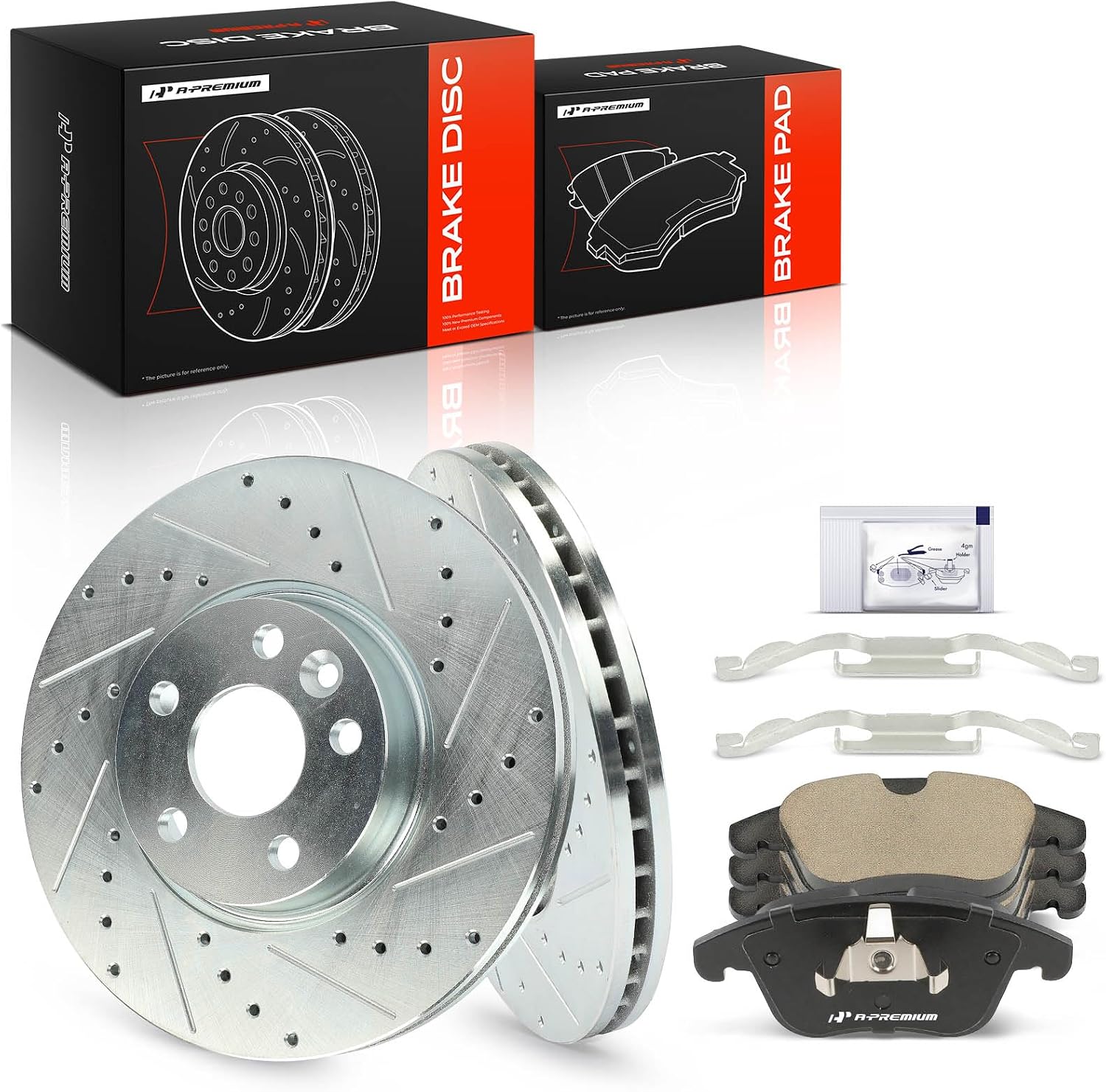 A-Premium 11.81 inch (300mm) Front Drilled and Slotted Disc Brake Rotors + Ceramic Pads Kit Compatible with Select Land Rover and Volvo Models - Range Rover Evoque, S60, XC70, S80, V60, V70, 6-PC Set