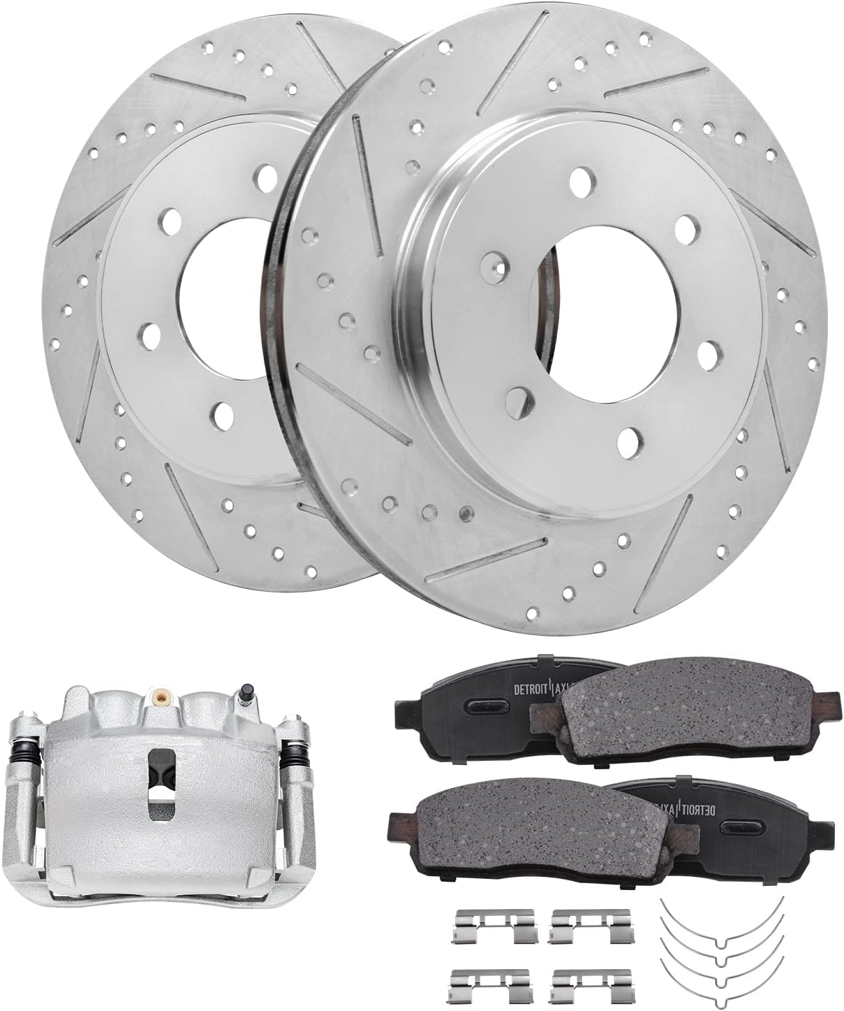 Detroit Axle - 4WD Front Drilled Rotors Brake Pads Right Caliper Replacement for 2005-2008 Ford F-150 Mark LT - 5pc Set