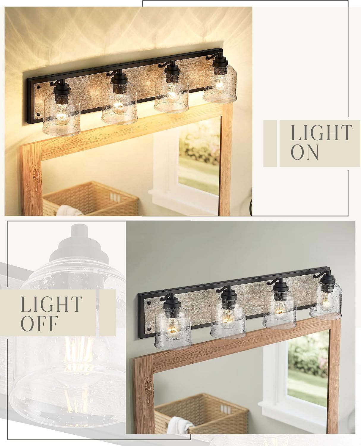 31.5 in. Large 4-Light Vanity Lights for Bathroom, Farmhouse Rustic Bathroom Lighting Fixtures Over Mirror with Bubble Glass Shades, Gray Wood-Look Metal Bath Wall Sconce Home Decor