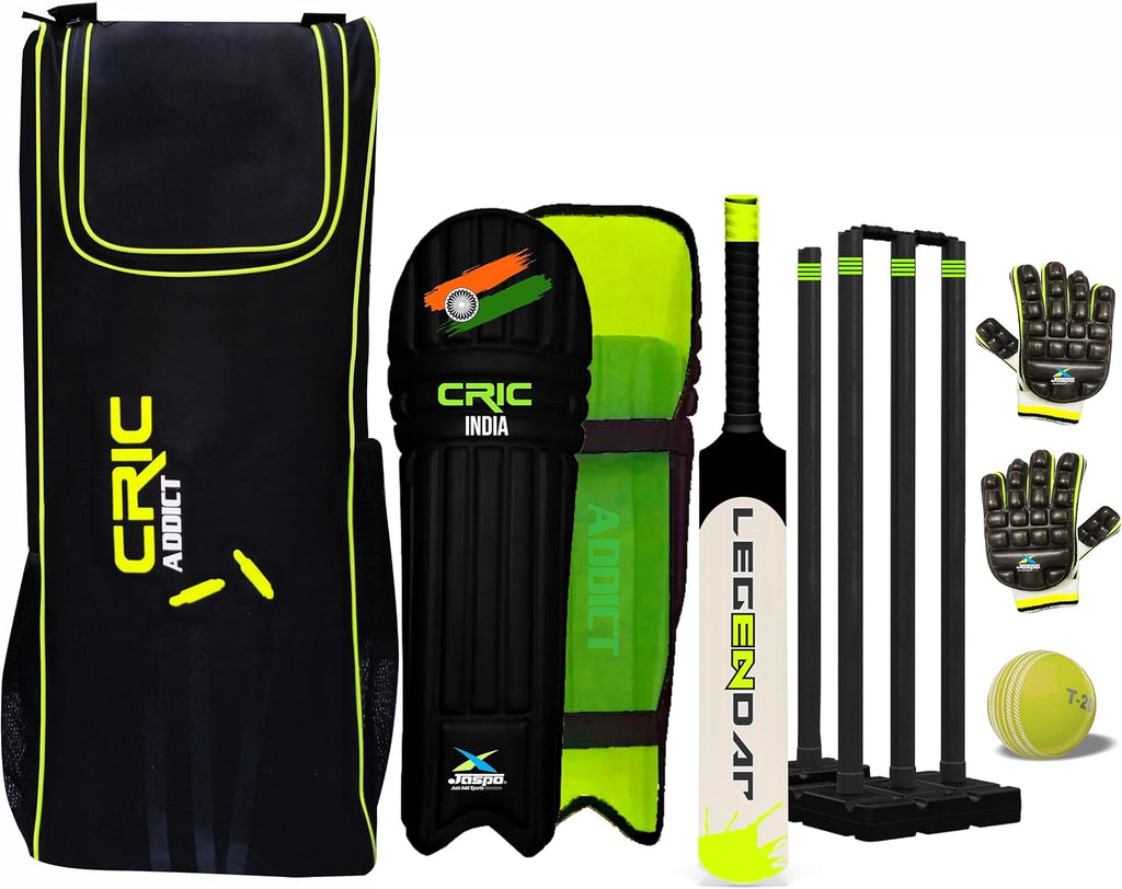 jaspo Cric-Addict Legender Cricket Set for Kids, Kit with legguards,Gloves,Bag,Ball,4stumps,2stands,2bails & a Strong Plastic bat for Initial Training, for Boys Girls(Size-5) up to 12 Years