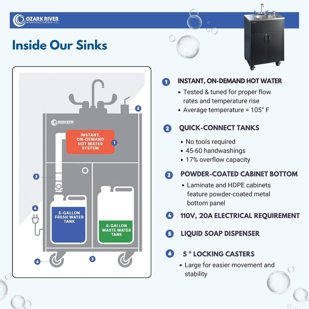 Ozark River Portable Sinks Premier S1, Black Laminate-Stainless Countertop & Basin, Self Contained Sink, Hand Washing Station, Portable Sink with Hot Water, Portable Sink Hand Wash Station
