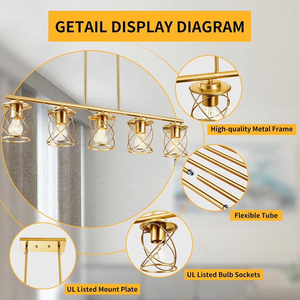 mavcadonf Kitchen Island Light, 5-Light Dining Room Lighting Fixtures Hanging, Farmhouse Linear Pendant Light for Kitchen Island Table Living Room with Adjustable Rods, Brushed Gold