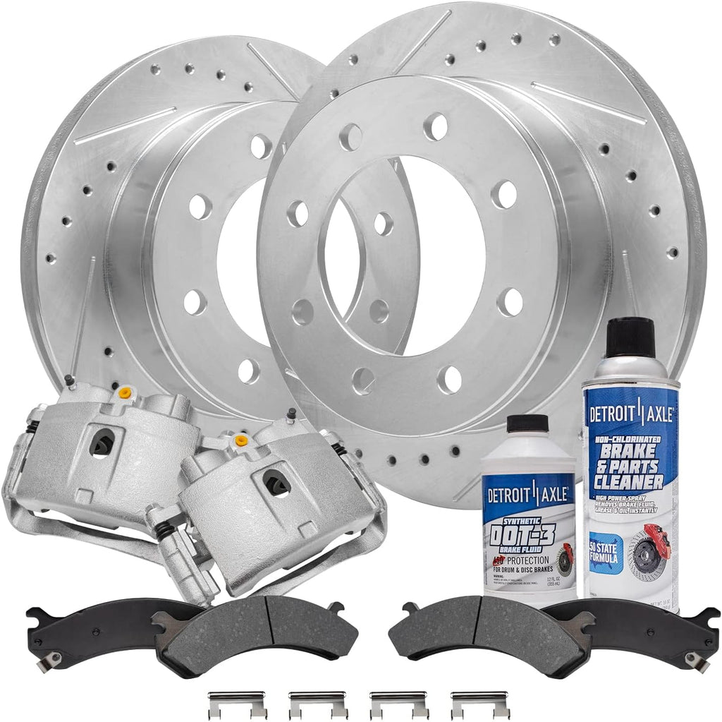 Detroit Axle - Front Brake Kit for Chevrolet GMC Express Savana Silverado Sierra 2500 3500 Drilled & Slotted Disc Brake Rotors Brake Calipers Replacement Ceramic Brakes Pads