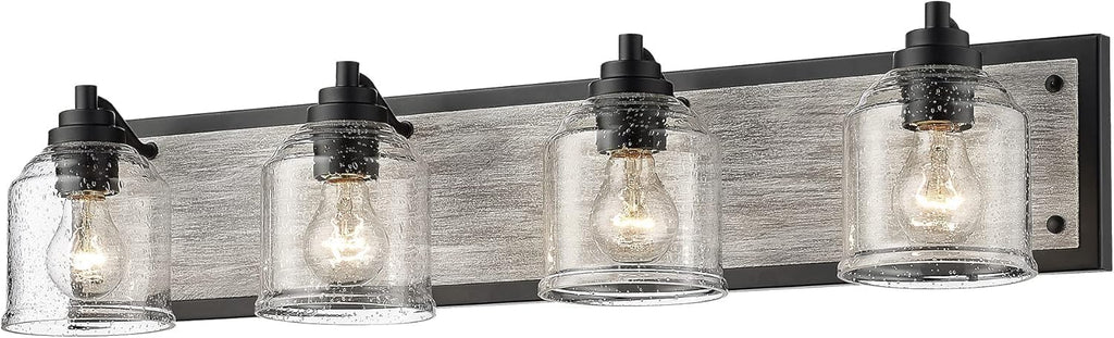 31.5 in. Large 4-Light Vanity Lights for Bathroom, Farmhouse Rustic Bathroom Lighting Fixtures Over Mirror with Bubble Glass Shades, Gray Wood-Look Metal Bath Wall Sconce Home Decor