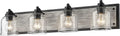 31.5 in. Large 4-Light Vanity Lights for Bathroom, Farmhouse Rustic Bathroom Lighting Fixtures Over Mirror with Bubble Glass Shades, Gray Wood-Look Metal Bath Wall Sconce Home Decor