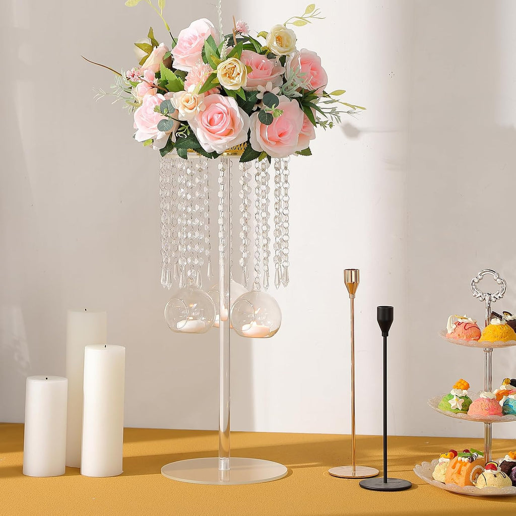 Yerliker 6 Sets 19.69 Inch Acrylic Wedding Centerpiece Flower Stand with Hanging Glass Tealight Globe Candle Holders Crystal Tall Flowers Vase for Birthday Wedding Party Table Decoration