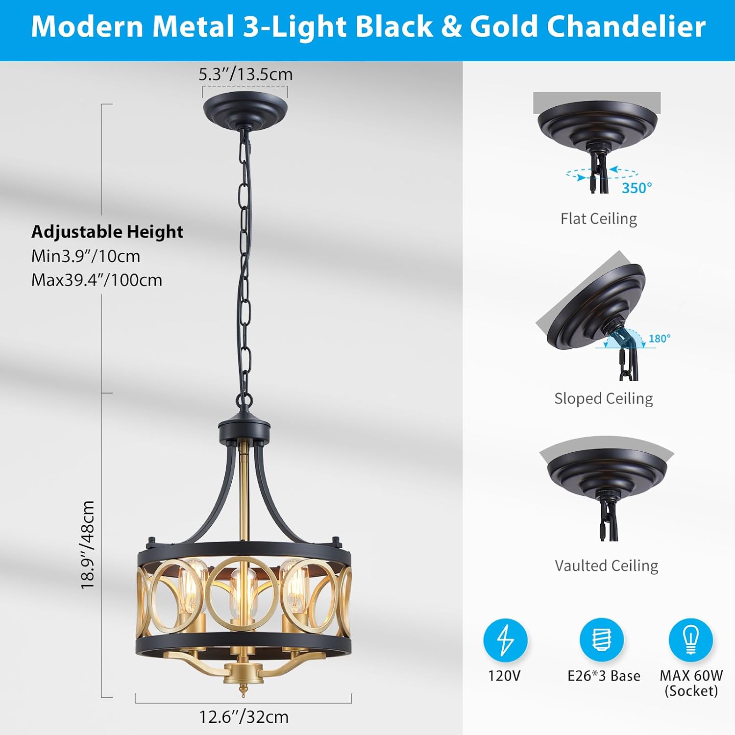 XINGQI 12.6' Modern Farmhouse Chandelier 13 Inch Black Gold Chandeliers Small Drum Dining Room Light Fixture 3-Light Rustic Metal Pendant Lamp for Entryway Bedroom Hallway E26 Base