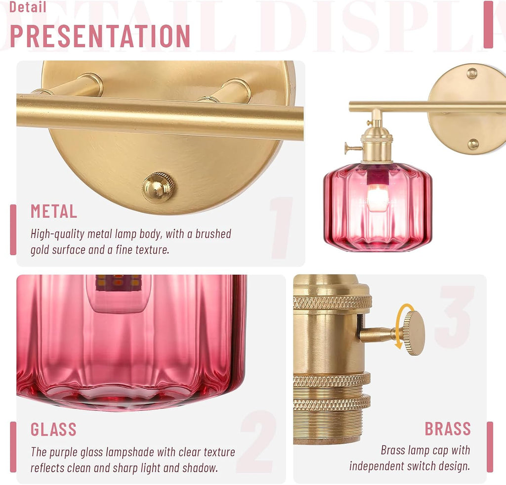 Vintage Wall Light Brass Vanity Light Bathroom Light Fixtures 2-Light Wall Sconce with Purple Globe Glass Shades Vanity Lighting for Stairwell Living Room Bedside Bedroom