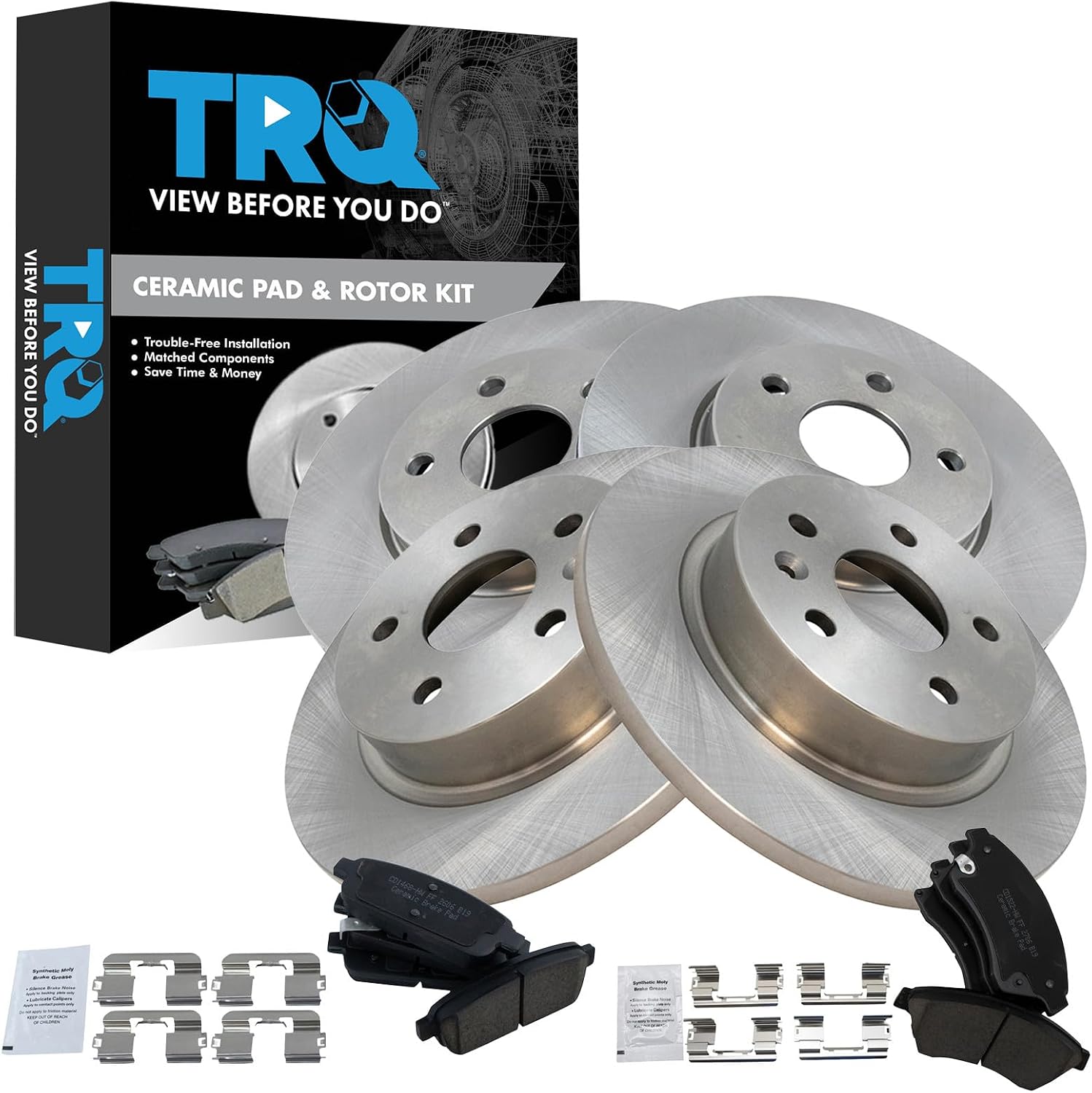 TRQ Front and Rear Brake Pad and Rotor Set Ceramic Vented Solid Rotors Compatible with 2011-2015 Chevrolet Cruze 2016 Cruze Limited 2014-2016 Sonic