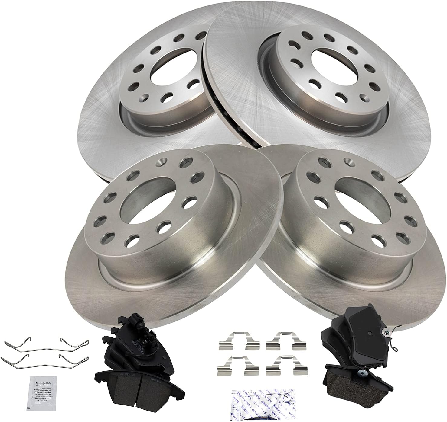 TRQ Front and Rear Brake Pad and Rotor Set Ceramic Vented Solid Rotors Compatible with 2013-2017 Volkswagen Beetle 2013-2018 Jetta