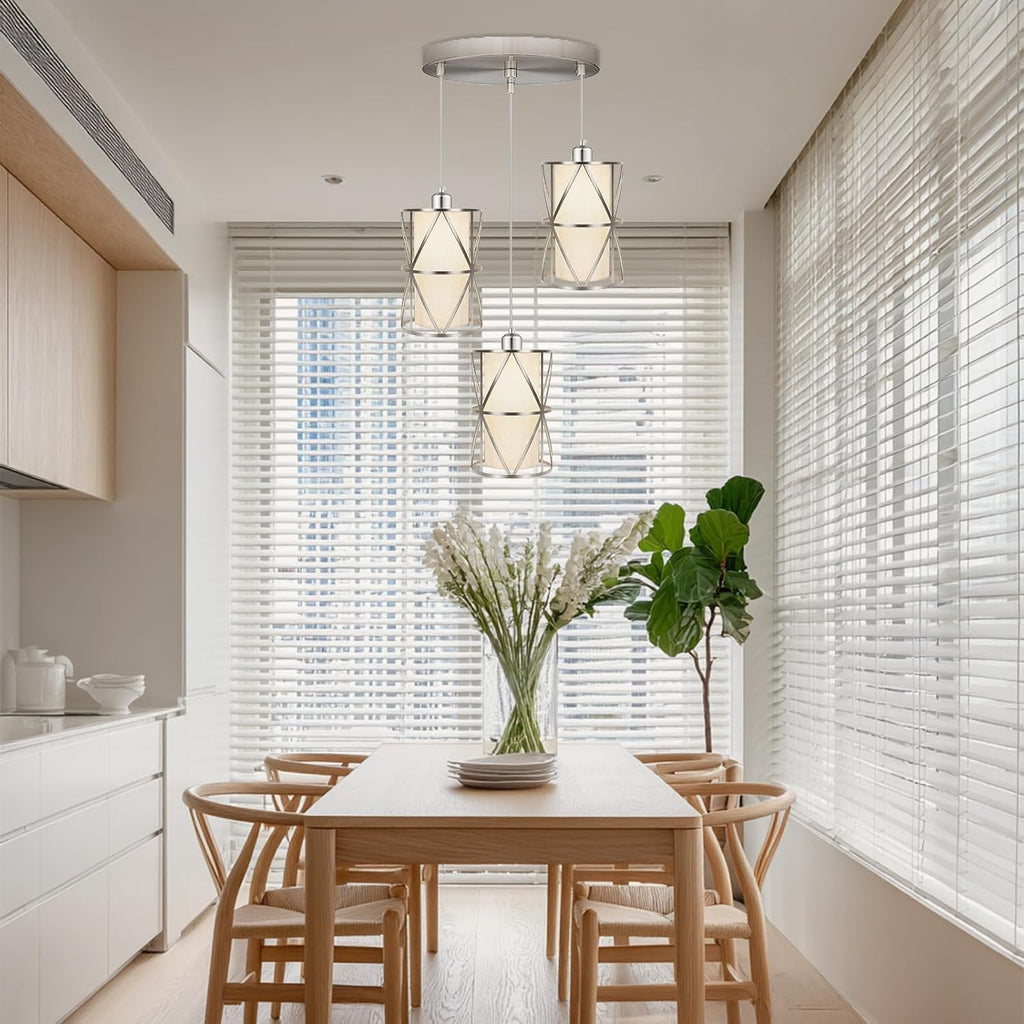 Brushed Nickel 3 Light Chandelier, Adjustable Height Pendant Lights Kitchen Island, Modern Pendant Lights with Linen Shade, Kitchen Light fixtures for Kitchen, Dining Room, Living Room