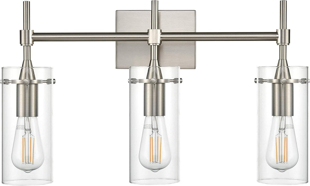 Linea di Liara Effimero Modern Farmhouse Bathroom Vanity Lights Fixtures 3 Lights Over Mirror Brushed Nickel Vanity Lights For Bathroom Light Fixtures Industrial Lighting Clear Glass Covers, UL Listed