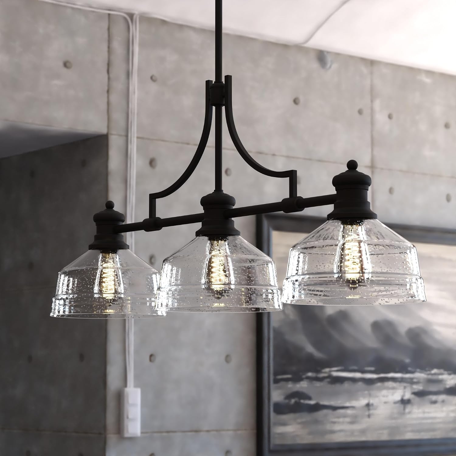 VAXCEL Beloit 3-Light, LED Compatible, Black Farmhouse Linear Chandelier, Island Pendant Light Fixture, Clear Seeded Glass, Matte Black Finish, Adjustable Height