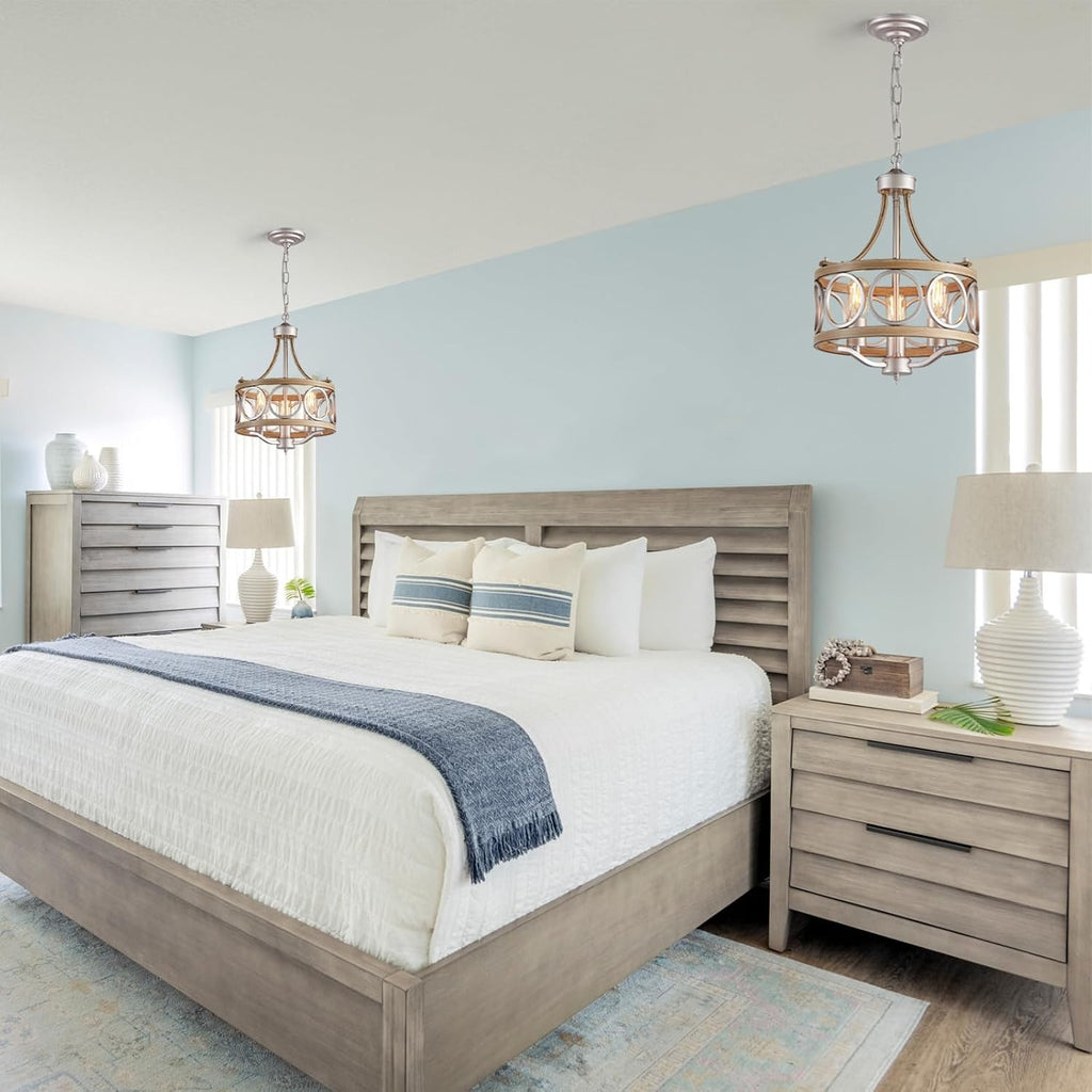 XINGQI 12.6' Modern Farmhouse Chandeliers Round 3-Light Dining Room Light Fixture Over Table Metal Drum Pendant Hanging Lamp Brushed Nickel and Wood Grain Finish for Entryway Bedroom Kitchen