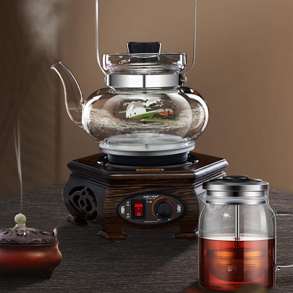0.8l Retro Electric Kettle Glass Rotary Button Wood-Carved Handle 200w-800w Silent Heating Glass Kettle Electric Tea Set Glass Teapot Hot Water Dispensers (A) lofty ambition hopeful
