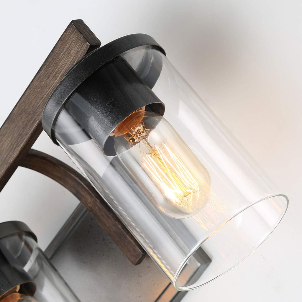 LALUZ Bathroom Vanity Light Fixtures, 3-Light Farmhouse Vanity Light with Clear Glass Shades, Faux Wood, 20'' L x 6.3'' W x 8.7'' H