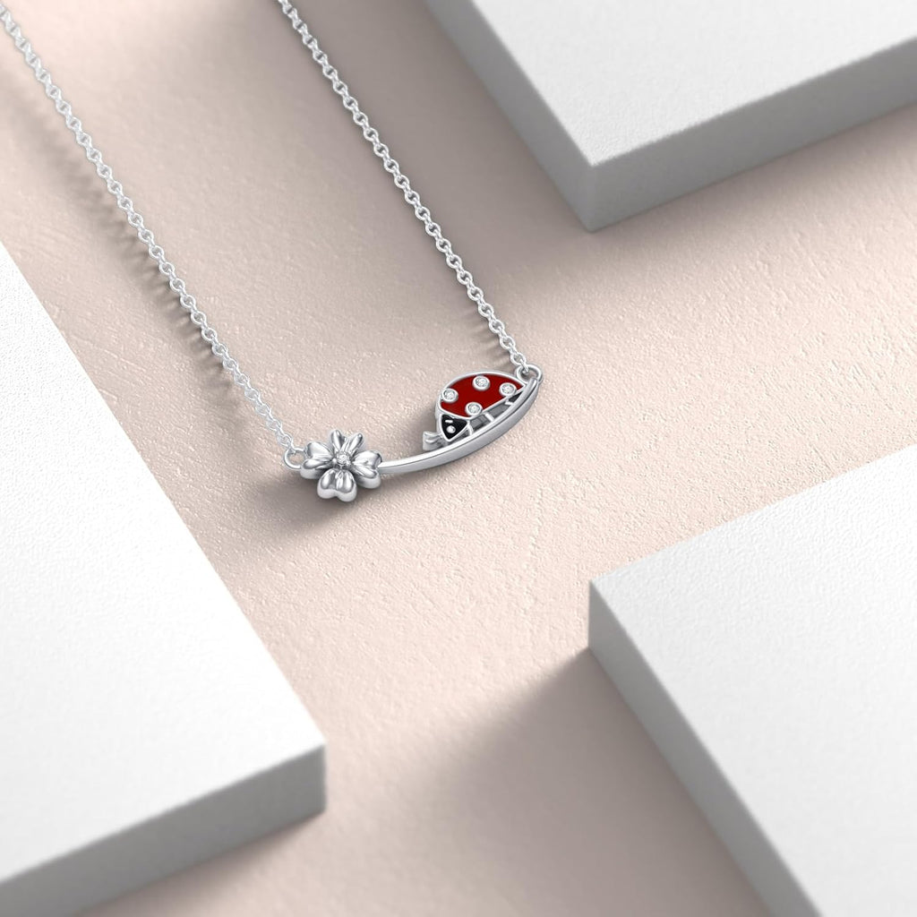 Diamond Ladybug Necklace for Women 925 Sterling Silver Lucky Four Leaf Clover and Ladybug Necklace with Lab Grown Diamonds Jewelry Gifts for Mom Wife Girlfriend Daughter