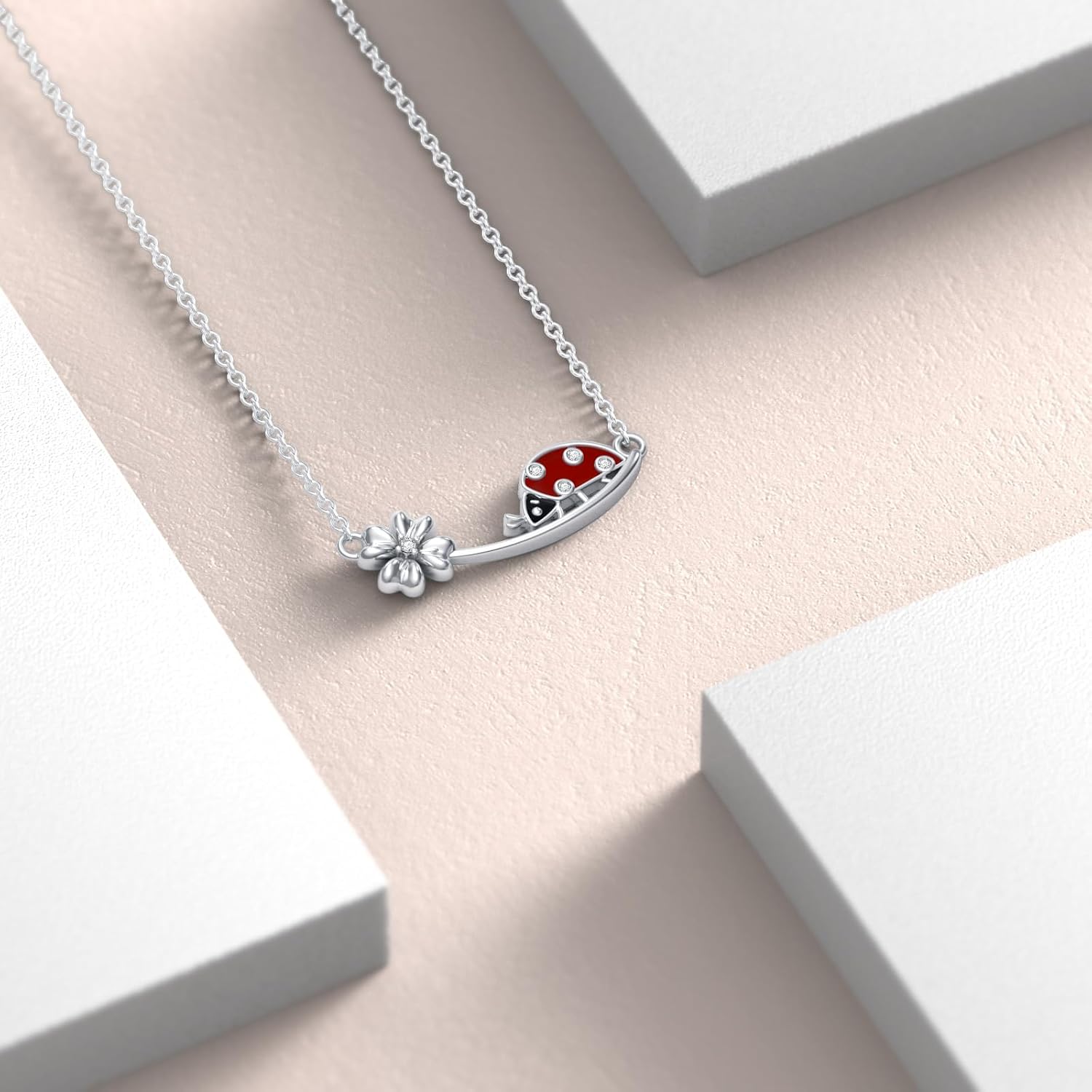 Diamond Ladybug Necklace for Women 925 Sterling Silver Lucky Four Leaf Clover and Ladybug Necklace with Lab Grown Diamonds Jewelry Gifts for Mom Wife Girlfriend Daughter