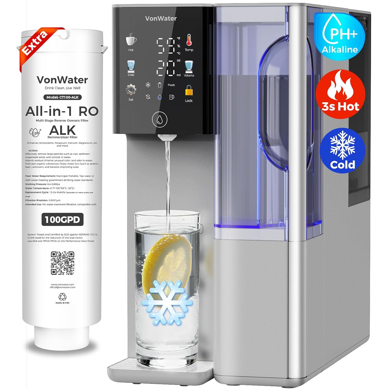 Alkaline Mineral Hot and Cold Countertop Reverse Osmosis System - 2 Filters (1 RO + 1 Remineralization pH+ RO) for 4-Year Lifespan, 3s Hot, 8-Stage RO Filtration, NSF/ANSI372/42/58, C5 Bundle