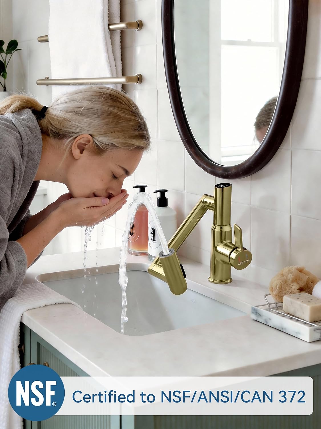 Lefton Rotatable Bathroom Faucet with Temperature Display in Fahrenheit (Batteries-Free), 3 Water Outlet Modes, Polished Gold, BF2204-5