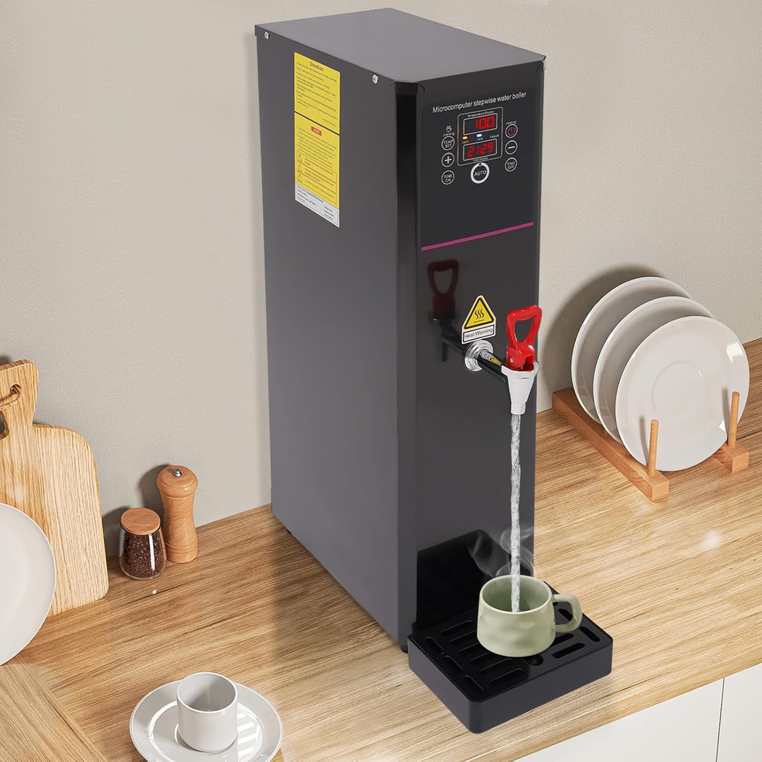 Electric Water Boiler, 20L Commercial Hot Water Dispenser with Timer, 1500W Rapid Heating Countertop Boiling Tools for Restaurant, Home, Office (Black)