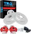 TRQ Performance Rear Brake Pad and Rotor Set Ceramic Slotted Drilled Coated Rotors Calipers Compatible with 2010-2018 Ford Explorer 2010-2012 Flex 2013-2018 Taurus 2010-2013 Lincoln MKT
