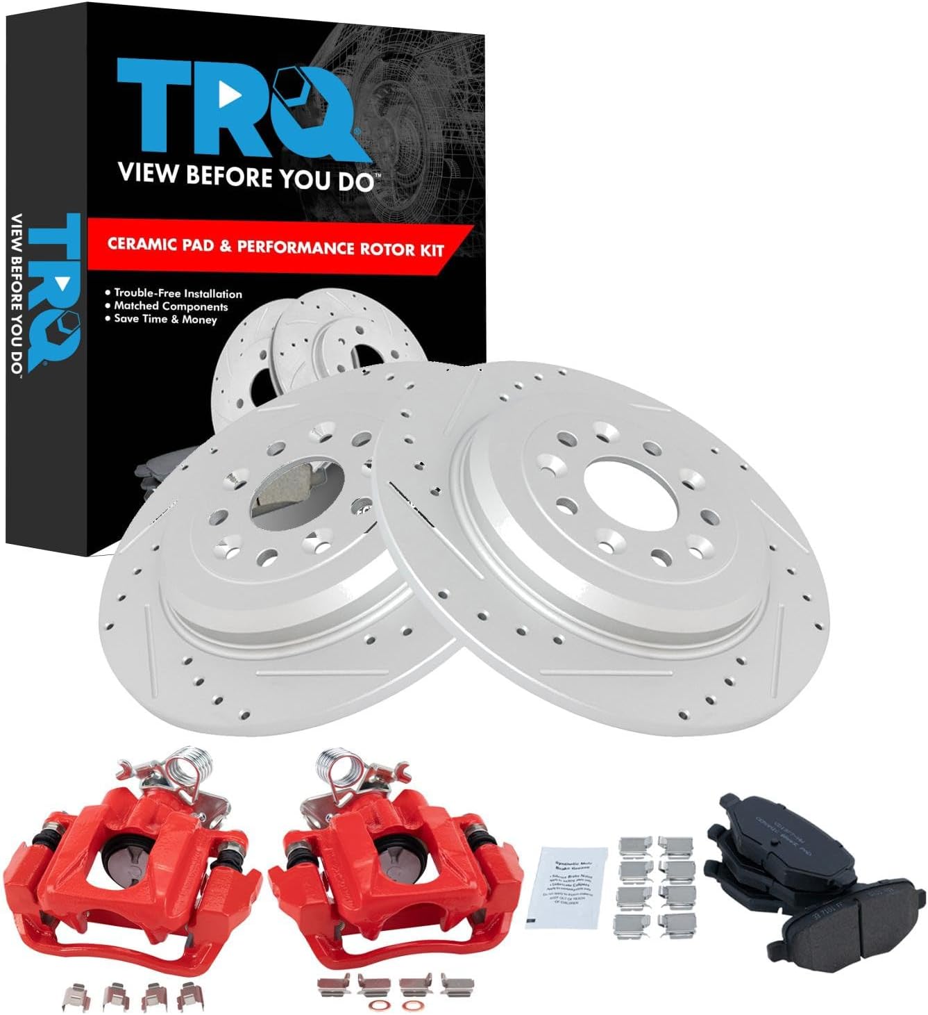 TRQ Performance Rear Brake Pad and Rotor Set Ceramic Slotted Drilled Coated Rotors Calipers Compatible with 2010-2018 Ford Explorer 2010-2012 Flex 2013-2018 Taurus 2010-2013 Lincoln MKT