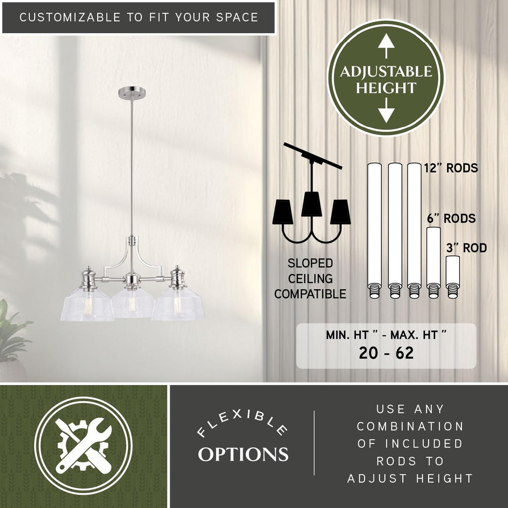 VAXCEL Beloit 3 Light Satin Nickel Farmhouse Chandelier Clear Glass