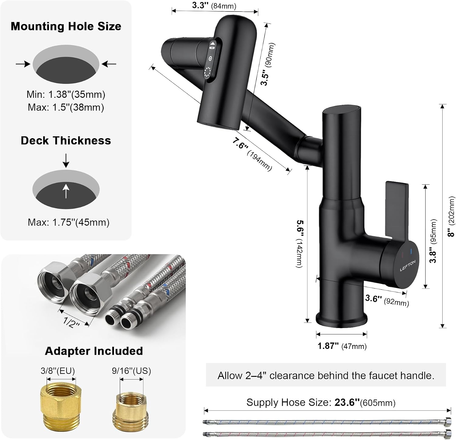 Lefton Rotatable Bathroom Faucet with Temperature Display in Fahrenheit (Batteries-Free), 3 Water Outlet Modes, Matte Black, BF2204-3