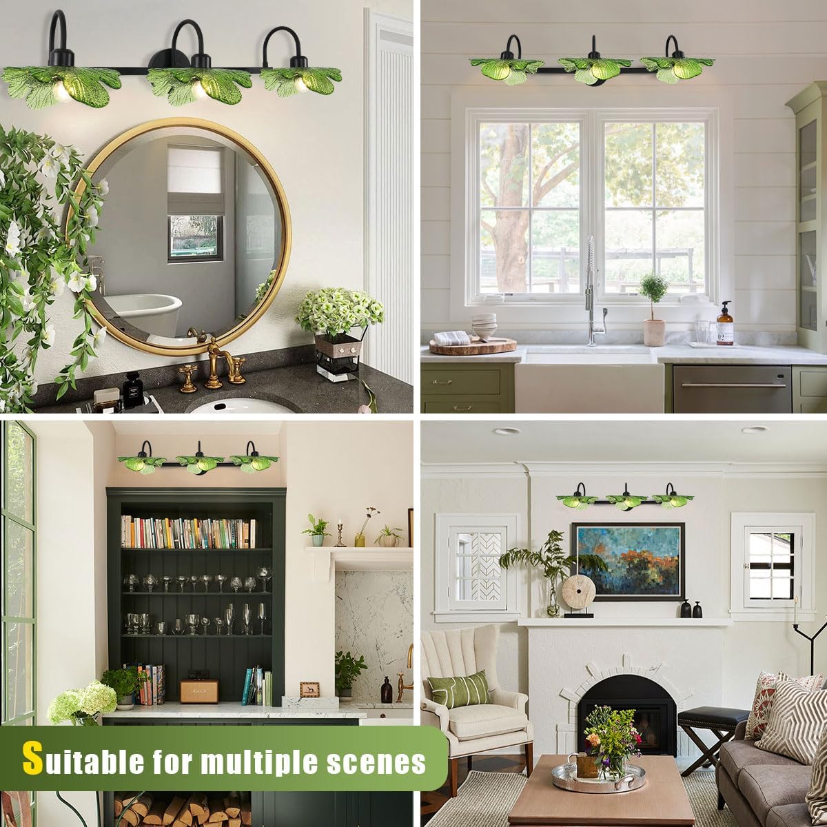 Green Bathroom Vanity Lights Over Mirror, 3 Light Flower Glass Shade Mirror Black Bathroom Sconce Vintage Wall Lighting Fixture mid Century Wall Sconce Light for Bedside Bedroom Doorway