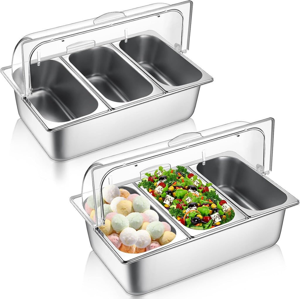 Ziliny 2 Pack Countertop Food Serving Display Container Stainless Steel Food Serving Tray Buffet Condiment Dispenser Display Rack with Clear Roll Top Cover for Buffet (3 Pan and 3 Pan)