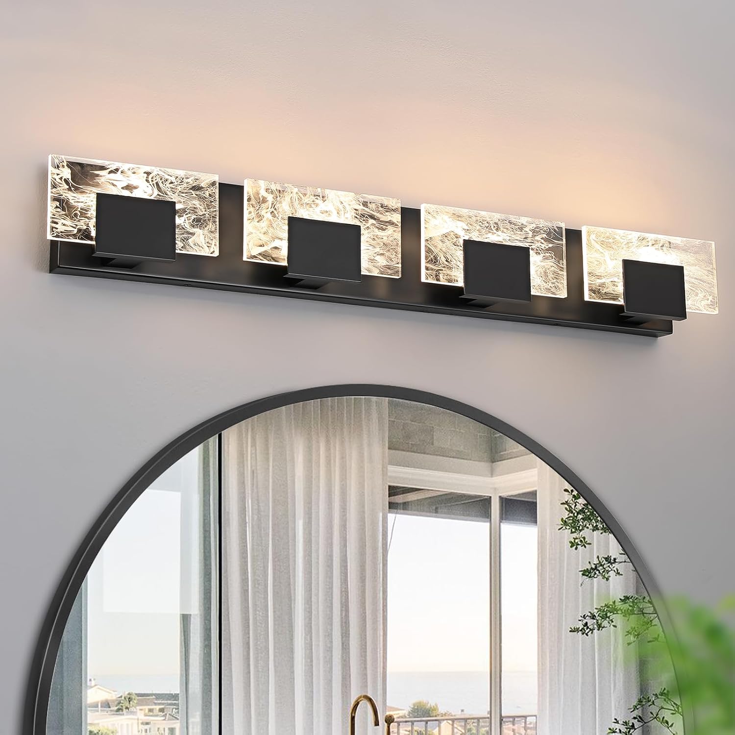 LED Bathroom Vanity Light: 32in Matte Black Acrylic Modern Lighting Fixtures - 4-Light Contemporary Smoke Design Wall Lights Fixture Over Mirror 3000K