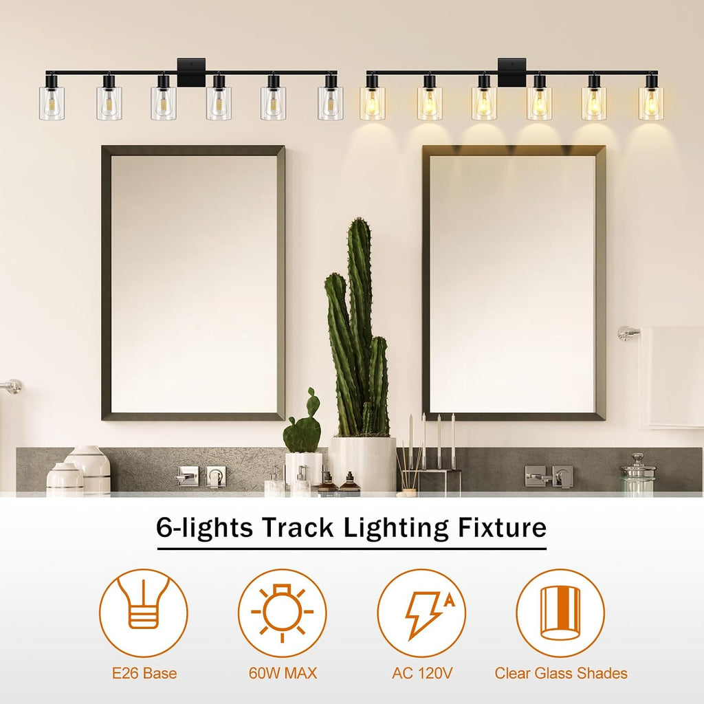 Track Lighting Fixtures Ceiling, 6-Light Track Light with Clear Glass Shade, 45' Modern Kitchen Lighting Ceiling with Rotatable Track Head, Black Wall Light for Vanity Hallway Bedroom(E26, No Bulb)