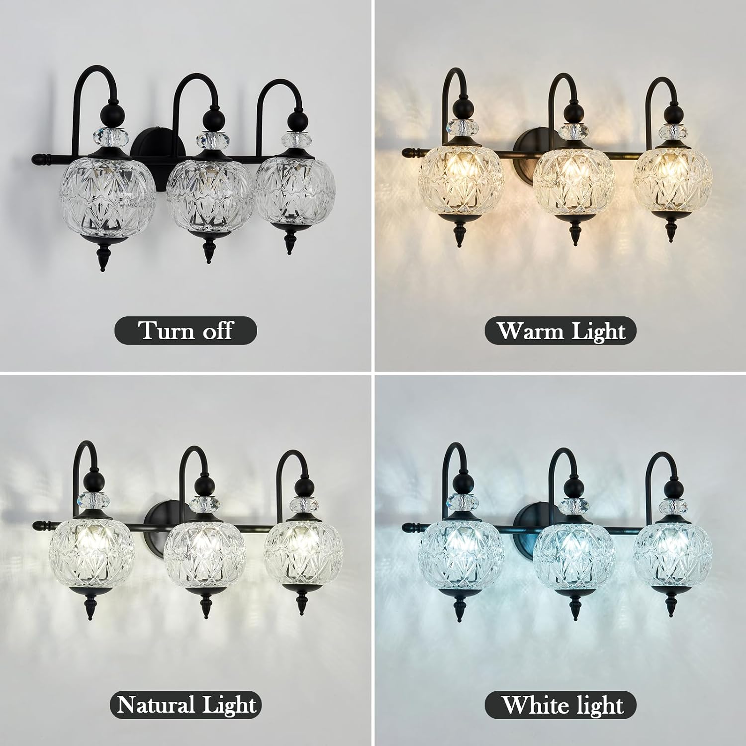 Piepooye Vintage Bathroom Light Fixtures Black Vanity Light with Glass Globe LampShade 3 Lights Mid Century G9 Bulb Wall Sconce Indoor Vanity Light Over Mirror for Kitchen Bedroom Farmhouse