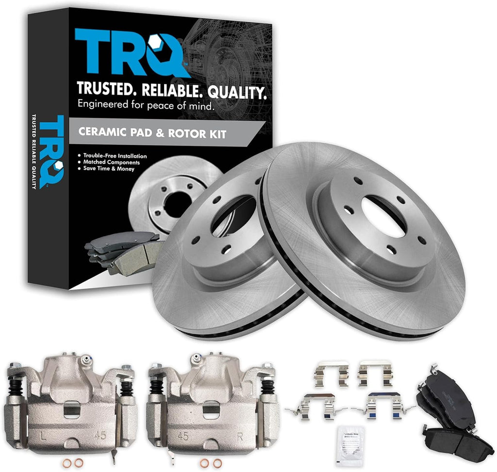 TRQ Front Brake Pad and Rotor Set Ceramic Vented Rotors Calipers Compatible with 2010-2013 Nissan Altima