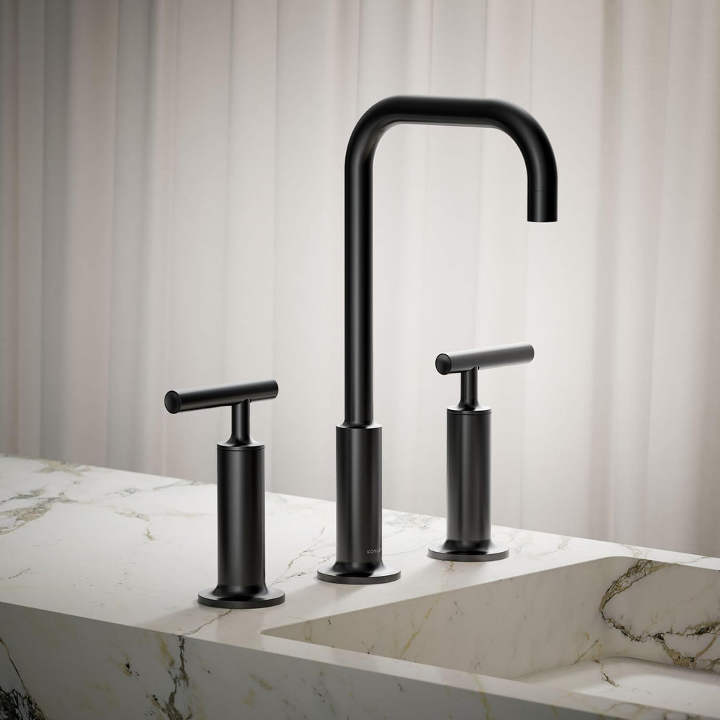KOHLER K-14408-4-BL Purist® Widespread Bathroom Sink Faucet, 3-Hole, Widespread High Lever Handles and High Gooseneck Spout, 1.2 GPM, Matte Black