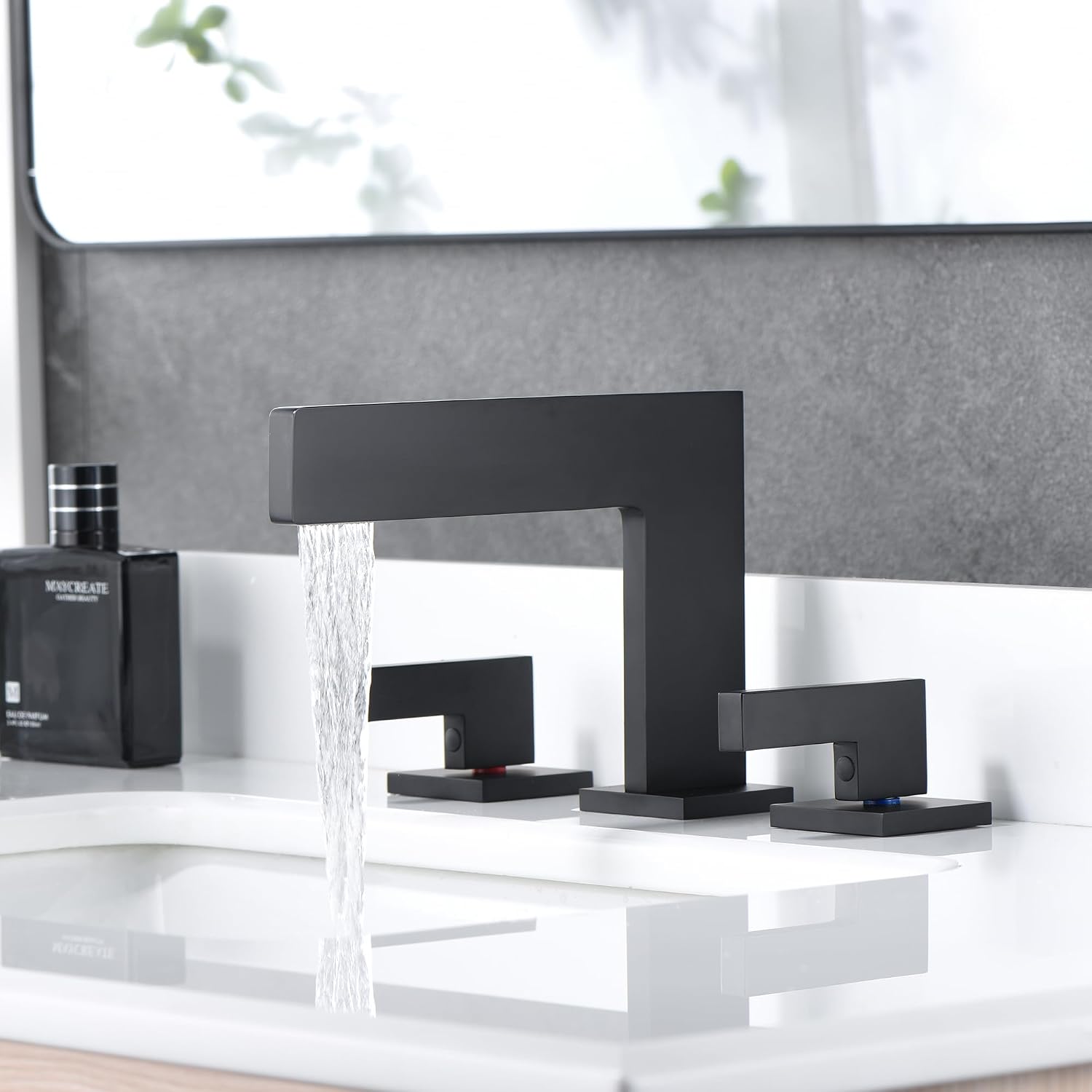 Sumerain Widespread Matte Black Waterfall Bathroom Sink Faucet 8 Inch 3 Hole Lavatory Faucet Vanity Faucet with Brass Valve