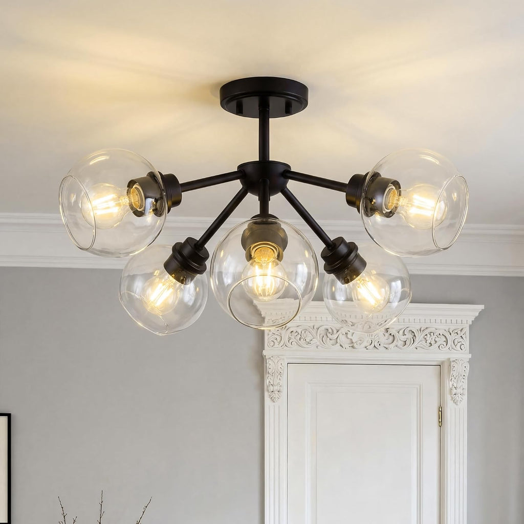 6-Light Semi Flush Mount Ceiling Light, 22' Modern Light Fixtures Ceiling Mount with Globe Clear Glass Shade, Matte Black Light Fixtures for Kitchen Entryway Bedroom, SM195-MB-6