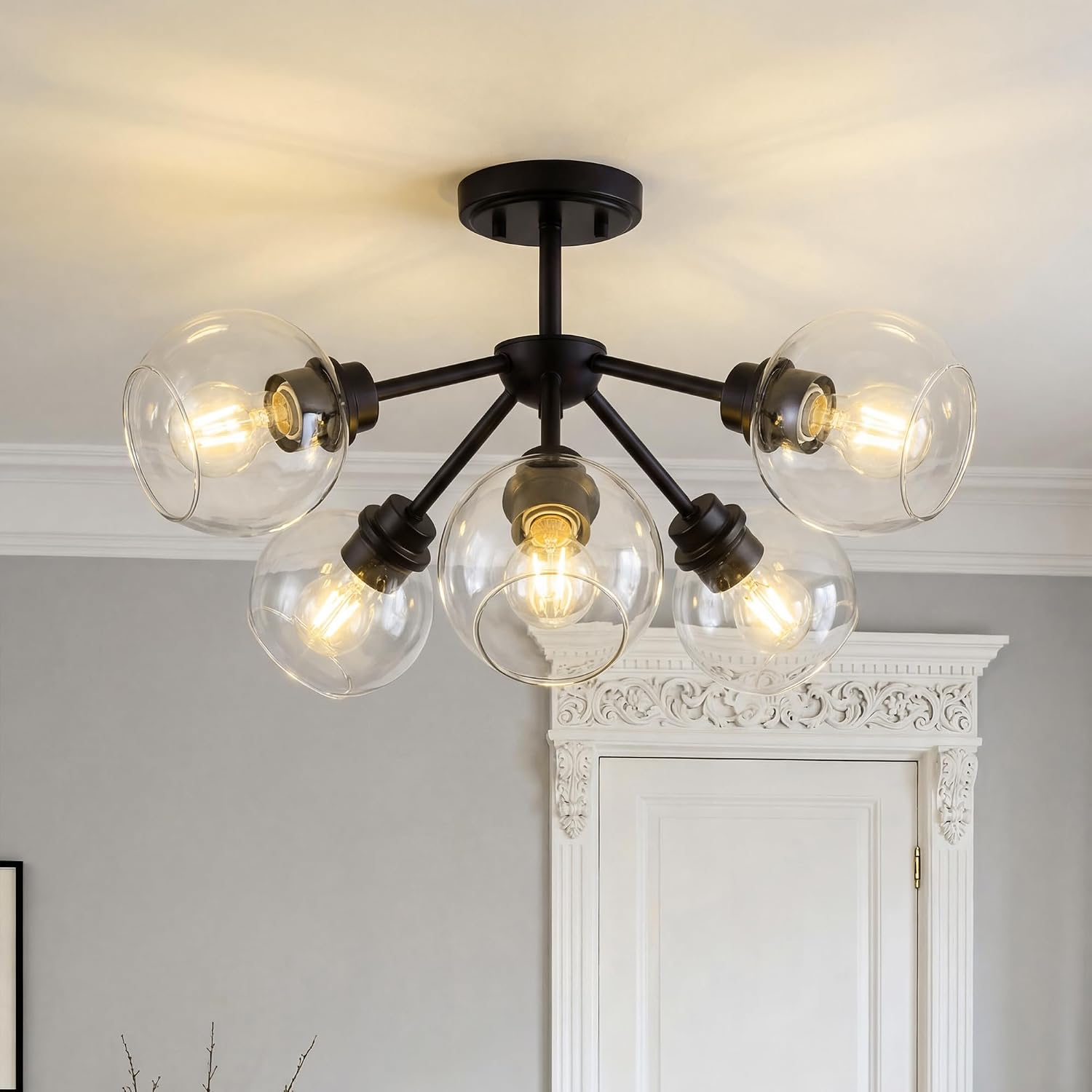 6-Light Semi Flush Mount Ceiling Light, 22' Modern Light Fixtures Ceiling Mount with Globe Clear Glass Shade, Matte Black Light Fixtures for Kitchen Entryway Bedroom, SM195-MB-6