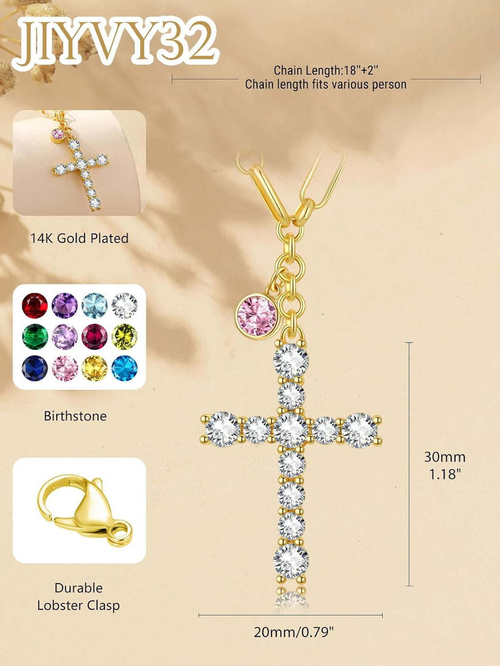 Cross Necklace for Women 14K Gold Birthstone Anniversary Birthday Gift for Wife Mom Protection Christian Jewelry Adjustable Chain