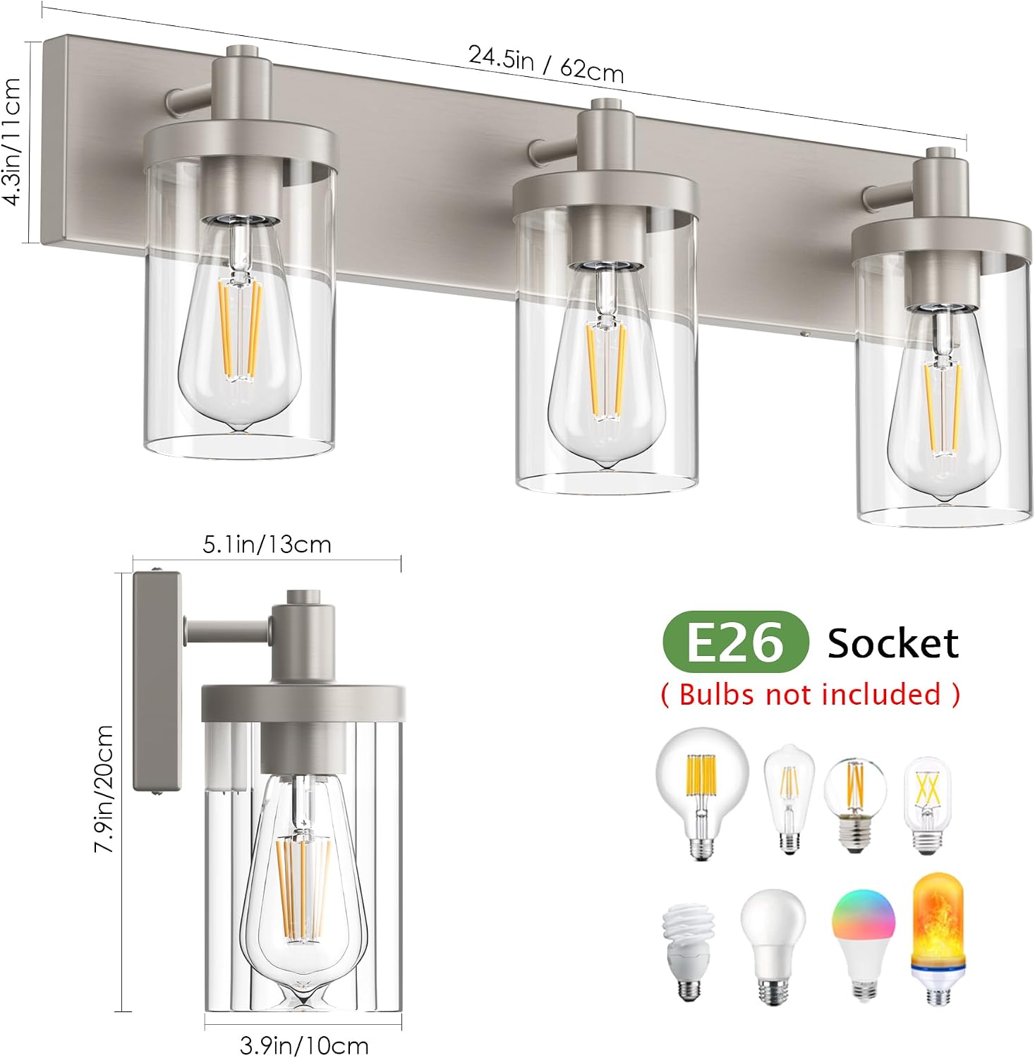 Aipsun Brushed Nickel Bathroom Light Fixtures 3 Lights Vanity Light for Bathroom Lighting Fixtures Over Mirror(Exclude Bulb)