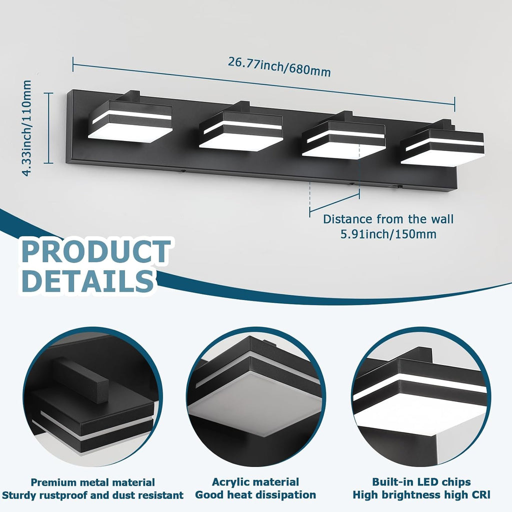 Joossnwell Bathroom Light Fixtures Over Mirror Black Vanity Lights (4-Light, 26.77-Inch) Dimmable 5CCT Modern Bathroom Vanity Lighting Led Bath Light Wall Scones