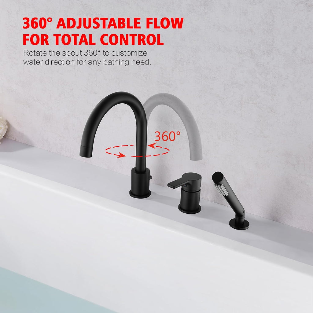 SUMERAIN Matte Black Roman Tub Faucet 3 Holes Deck Mount Bathtub Faucet with Handheld Shower Sprayer