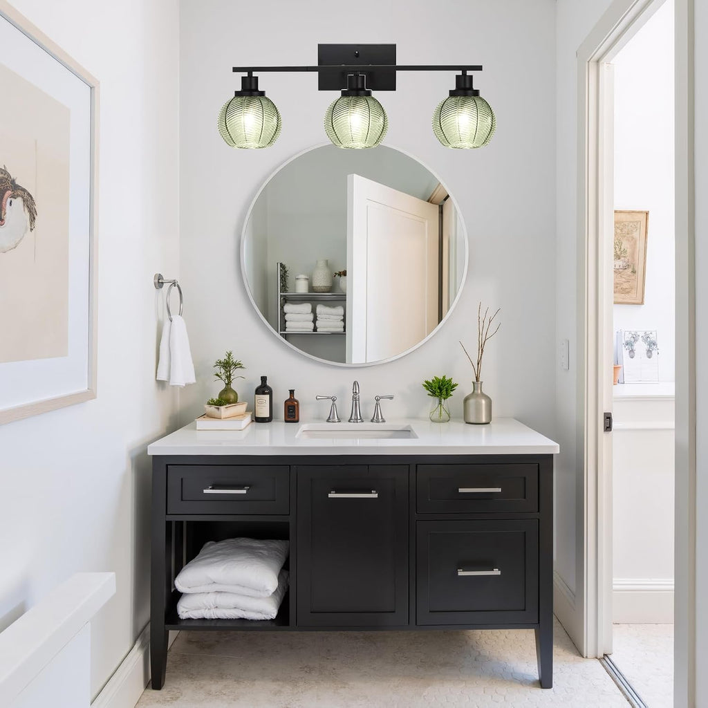 Farmhouse 3-Light Sage Green Glass Vanity Wall Light Fixture | Industrial 3-Light Sage Green Ribbed Globe Wall Sconce, E26 Lighting For Laundry, Powder Room, Hallway
