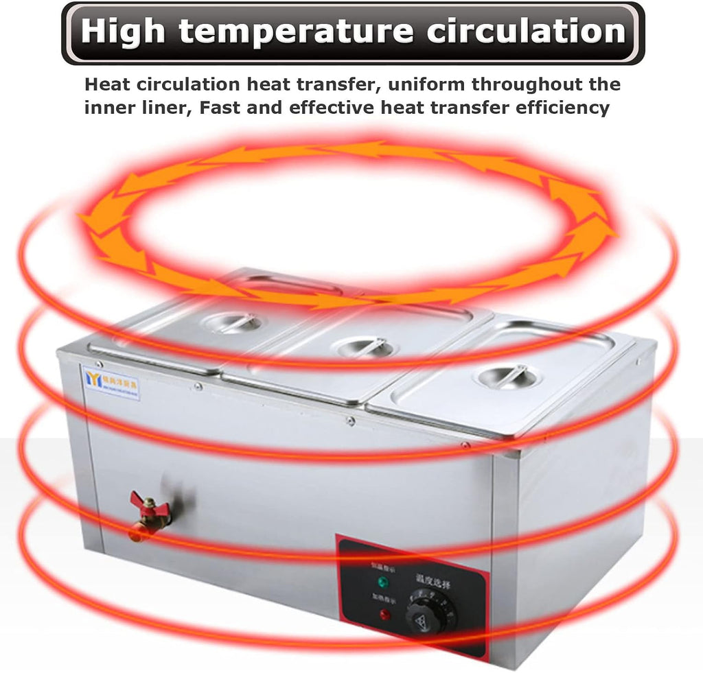 Electric Food Warmer, 3 Section Buffet Warmer and Hot Plate, Stainless Steel Electric Buffet Server, Adjustable Thermostat Commercial Countertop Food Warmer with Covers, Drain Tap for Restaurants