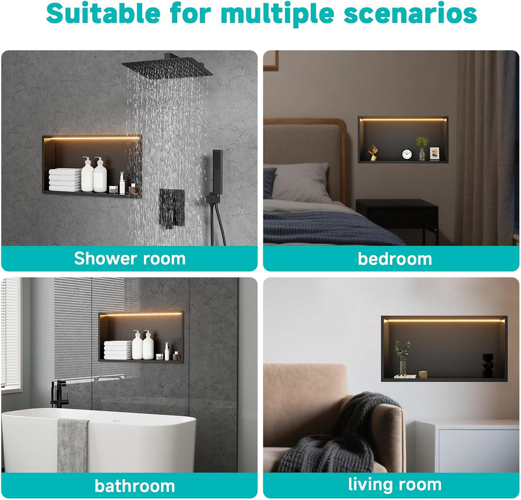 Stainless Steel 12'x24' LED Lights Shower Niche - No Tile Needed Recessed Wall Niche Waterproof for Walk in Shower Bathroom Storage, Matte Black