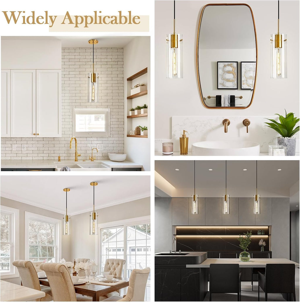 Gold Pendant Light Fixtures, 3 Pack Modern Pendant Lighting with Clear Striped Glass Shade, Hanging Pendant Lights Kitchen Island, Farmhouse Pendant Lighting for Dining Room Bedroom Bathroom