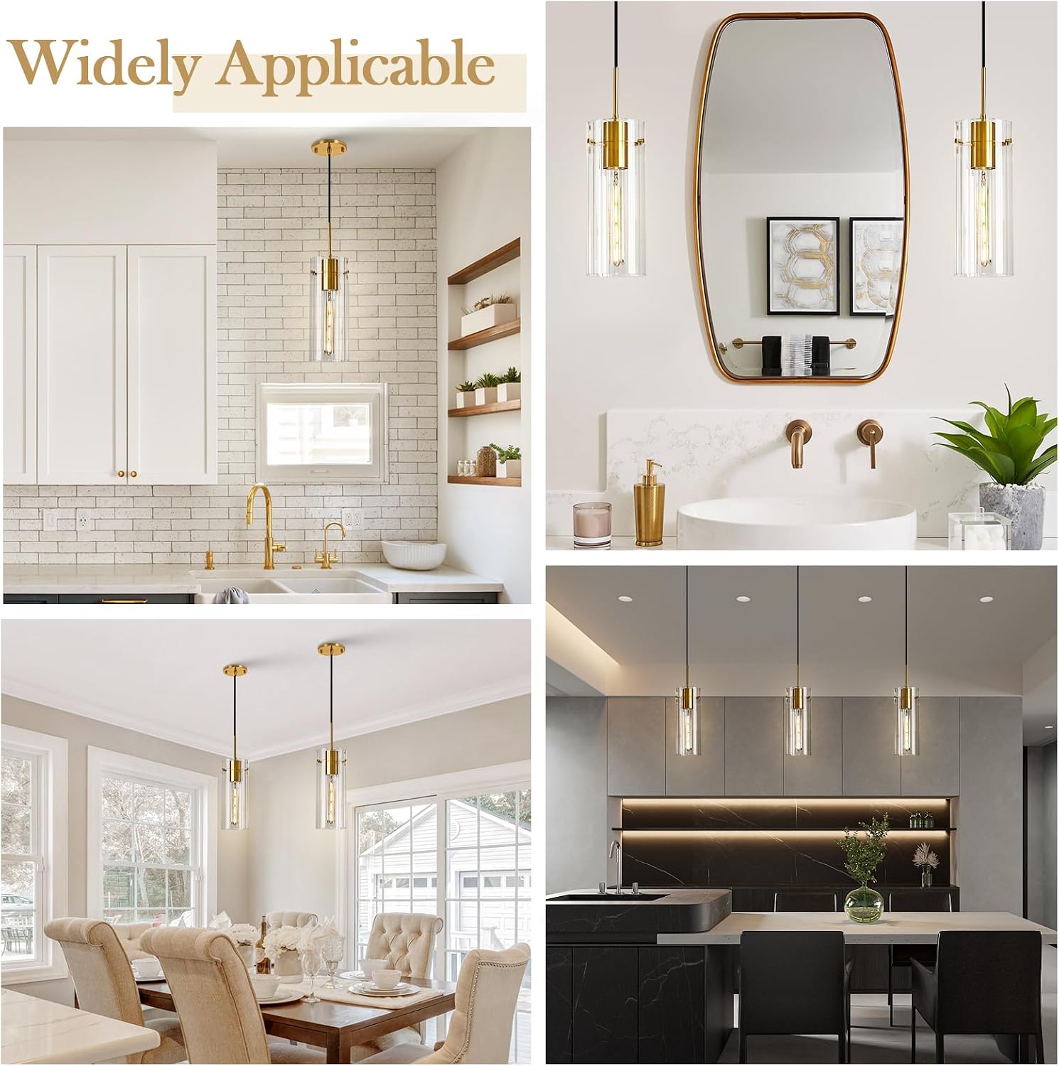 Gold Pendant Light Fixtures, 3 Pack Modern Pendant Lighting with Clear Striped Glass Shade, Hanging Pendant Lights Kitchen Island, Farmhouse Pendant Lighting for Dining Room Bedroom Bathroom