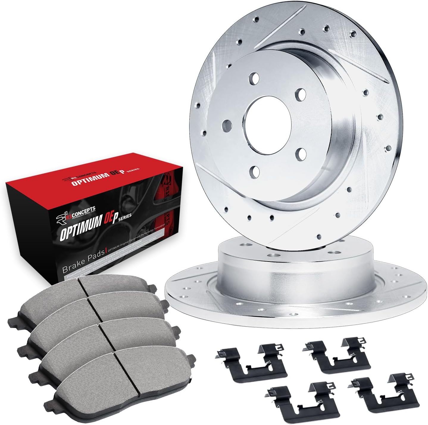 R1 Concepts Rear Brake Kit Fits 2002-2024 Nissan Altima; 2004-2008 Nissan Maxima; 2007-2019 Nissan Sentra; 2011-2017 Nissan Juke| Optimum Oep Pads, Drilled Slotted Rotors| Hardware| 11.5' Rear